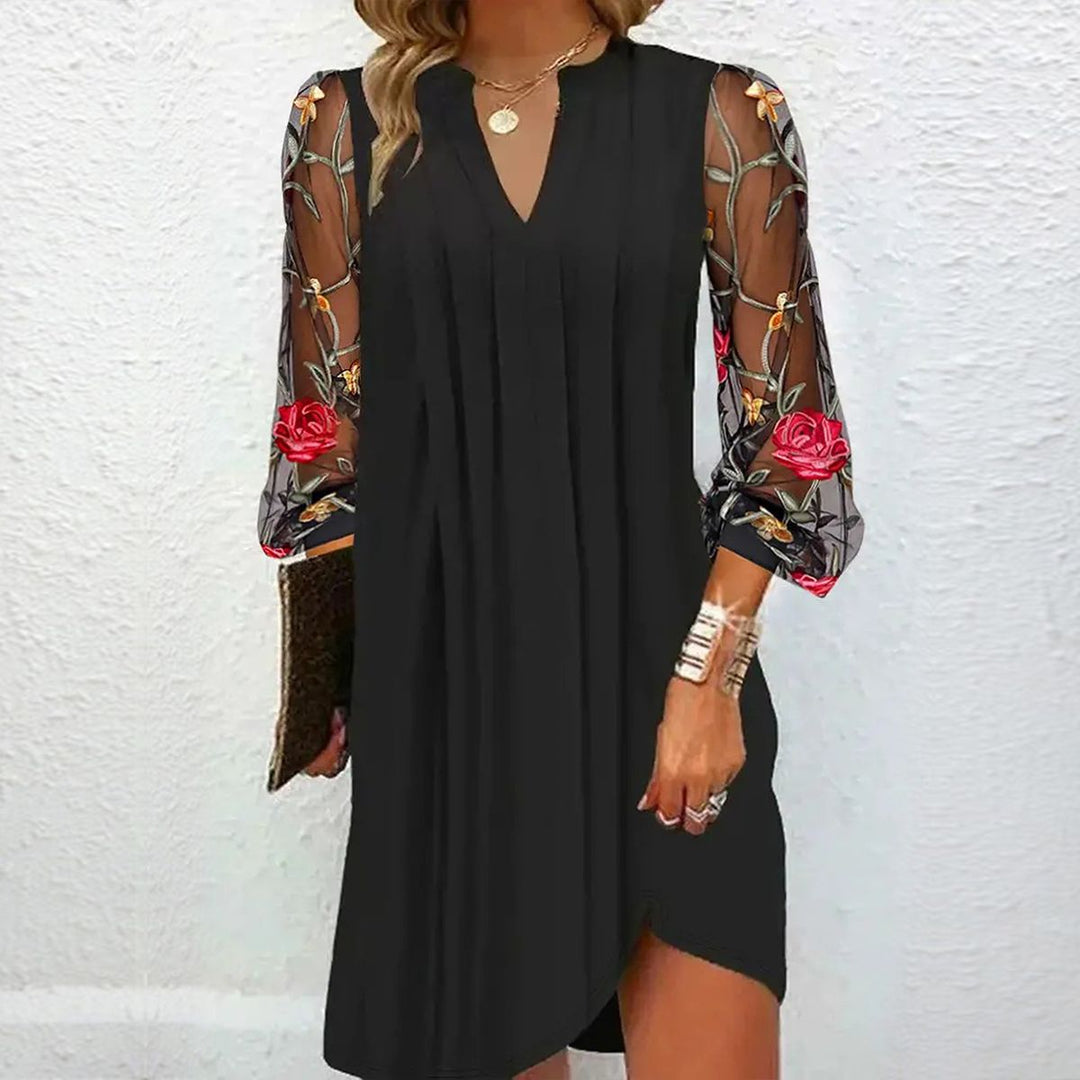 Éloise V-Neck Dress with Embroidered Tulle Sleeves - view 1