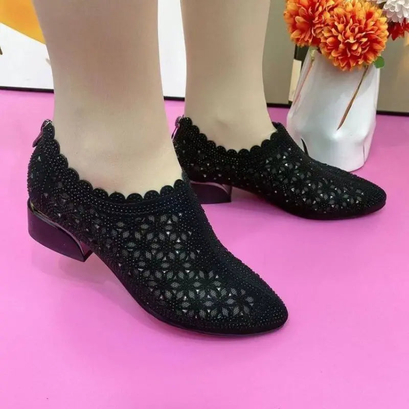 ROWENA | CRYSTAL LACE SCALLOP TRIM BLOCK HEEL SHOES