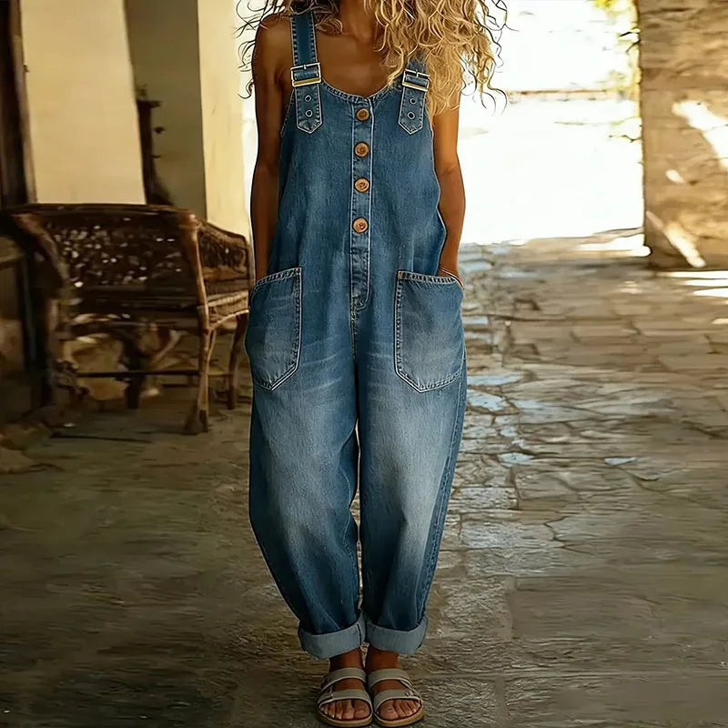 Mae | Vintage Soft Cotton Denim-Look Dungarees with Adjustable straps