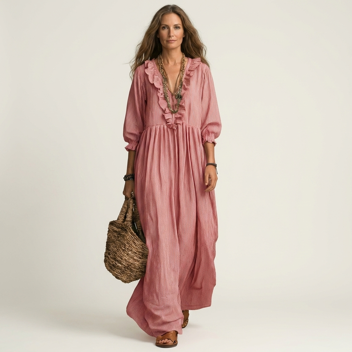 Yosetta | Ruffle V-Neck Striped Lantern-Sleeve Maxi Dress
